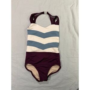 Tiger Friday OG Wings Leotard Dance Plum Blue Chevron Mesh halter Size CLarge